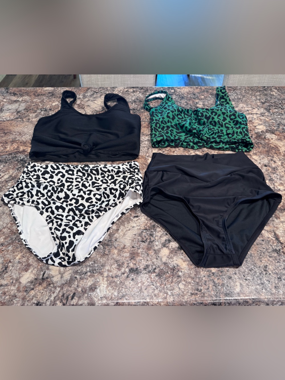 2-Piece Bikini Sets with Black, White Leopard & Green Leopard Tops